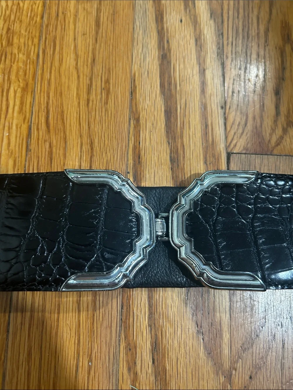 Brighton Black Leather Stretch Belt with Silver Accent Buckles